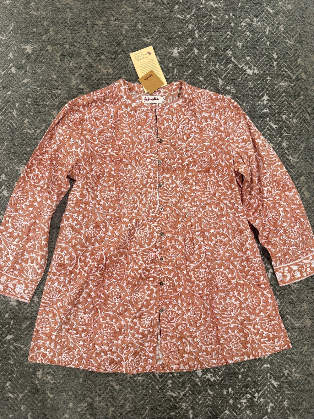 NWT Fabindia Hand Block Print Floral Cotton Tunic Kurta Top M Terracotta